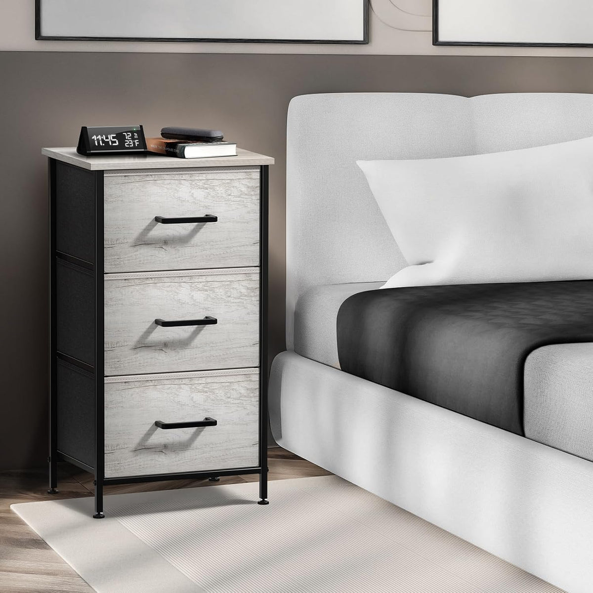 Nightstand, 5-Drawer Tall Chest for Bedroom, Wood Top (Gray Wood)