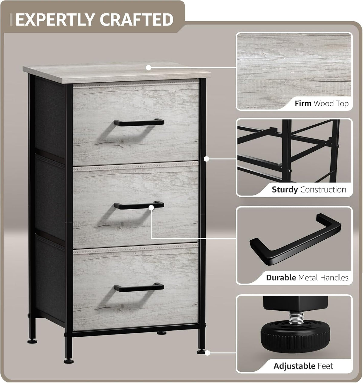 Nightstand, 5-Drawer Tall Chest for Bedroom, Wood Top (Gray Wood)