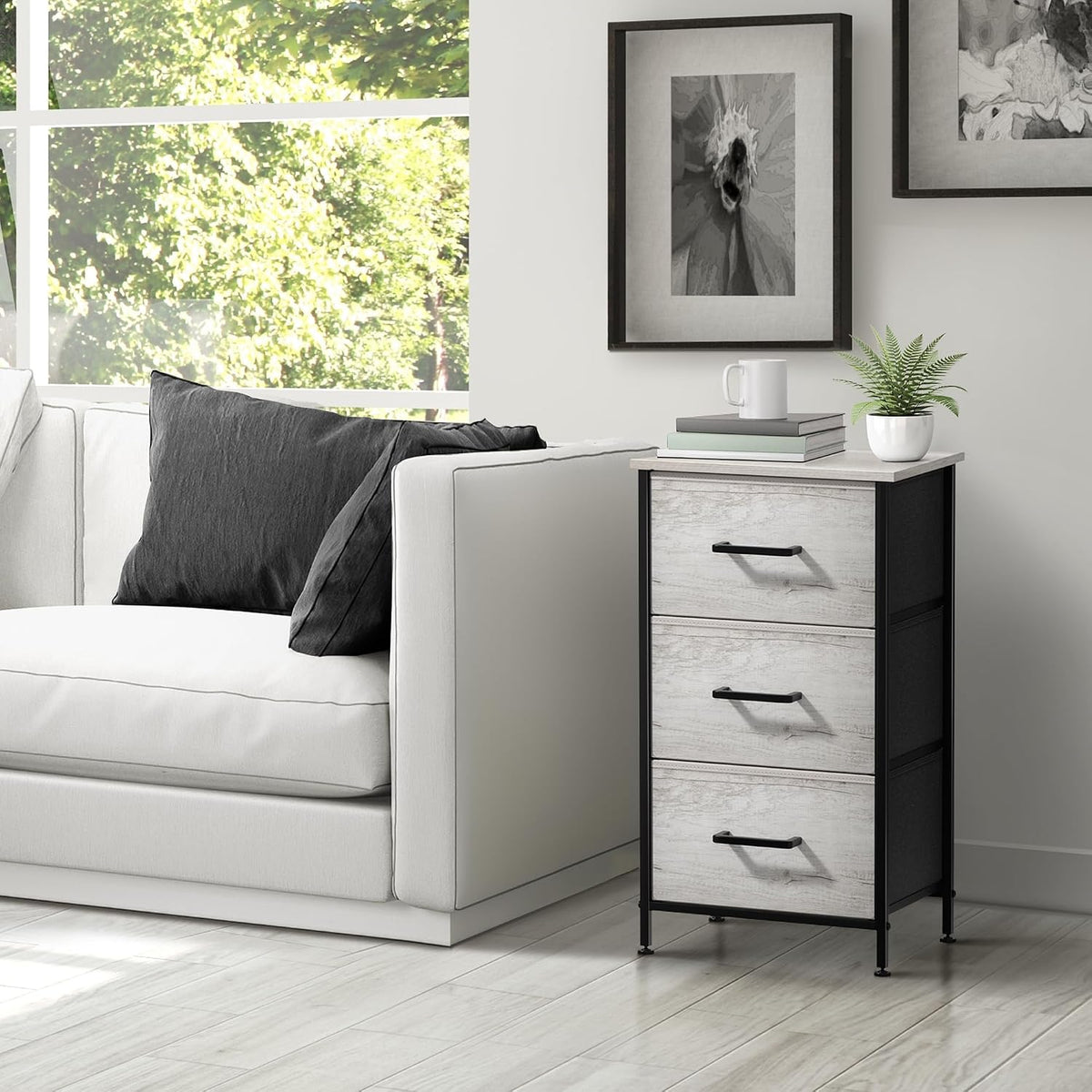 Nightstand, 5-Drawer Tall Chest for Bedroom, Wood Top (Gray Wood)