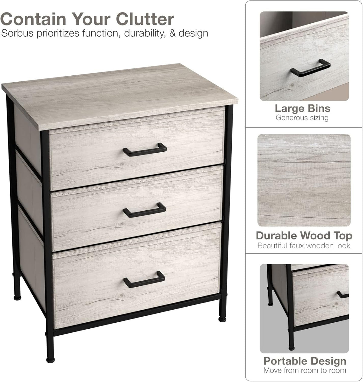 Nightstand, 5-Drawer Tall Chest for Bedroom, Wood Top (Gray Wood)
