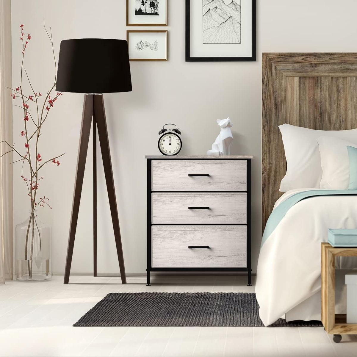 Nightstand, 5-Drawer Tall Chest for Bedroom, Wood Top (Gray Wood)