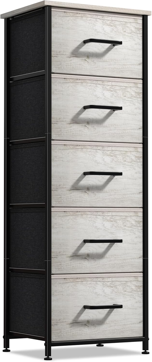 Nightstand, 5-Drawer Tall Chest for Bedroom, Wood Top (Gray Wood)