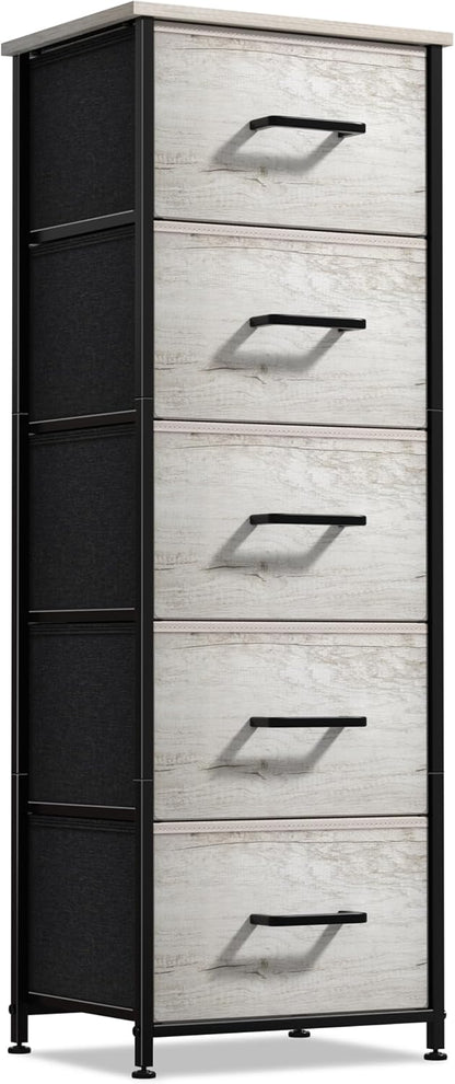 Nightstand, 5-Drawer Tall Chest for Bedroom, Wood Top (Gray Wood)