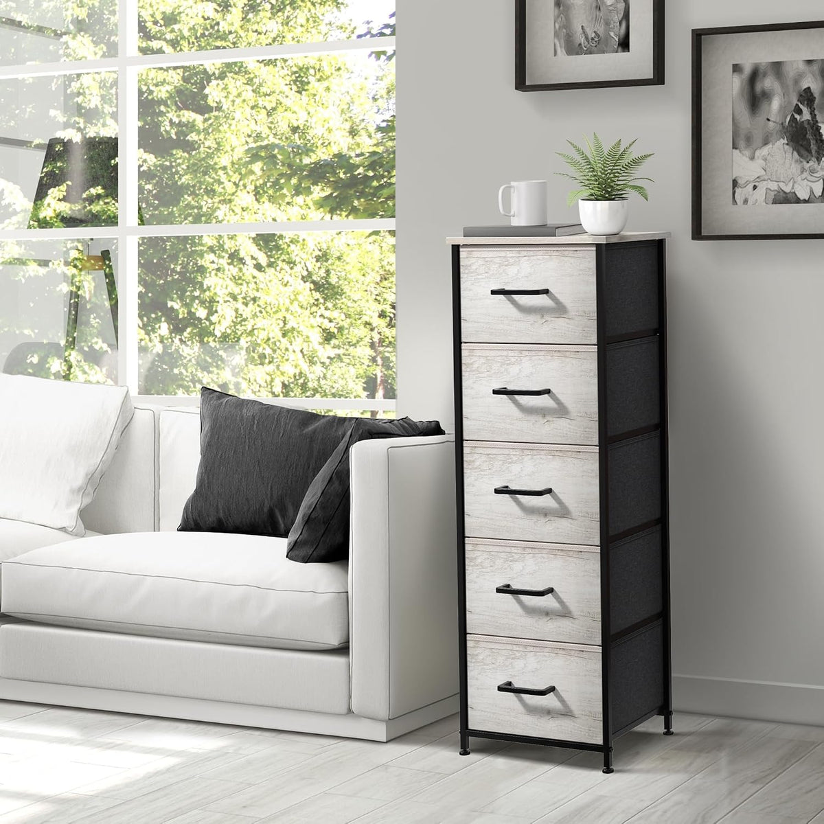 Nightstand, 5-Drawer Tall Chest for Bedroom, Wood Top (Gray Wood)
