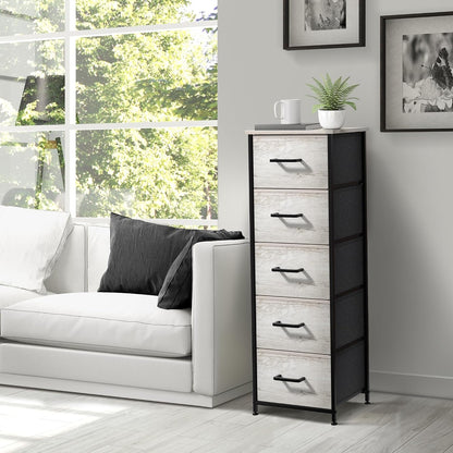 Nightstand, 5-Drawer Tall Chest for Bedroom, Wood Top (Gray Wood)