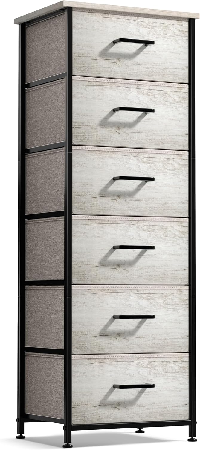 Nightstand, 5-Drawer Tall Chest for Bedroom, Wood Top (Gray Wood)