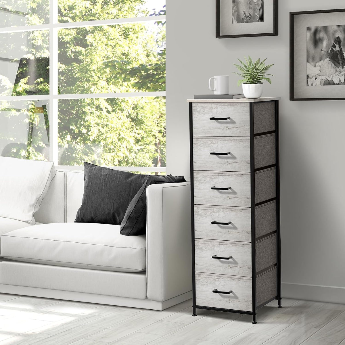 Nightstand, 5-Drawer Tall Chest for Bedroom, Wood Top (Gray Wood)