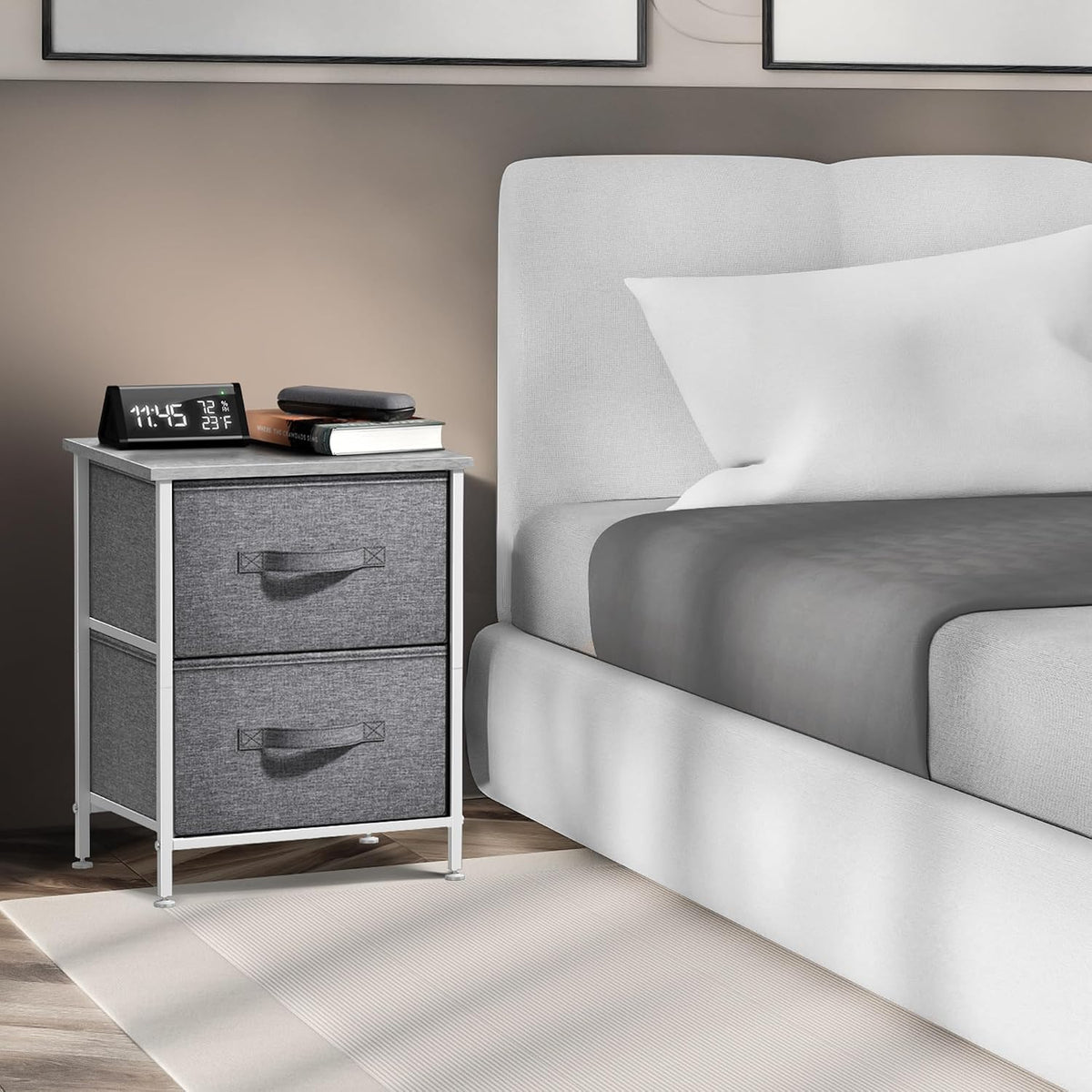 Nightstand, 5-Drawer Tall Chest for Bedroom, Wood Top (Gray Wood)