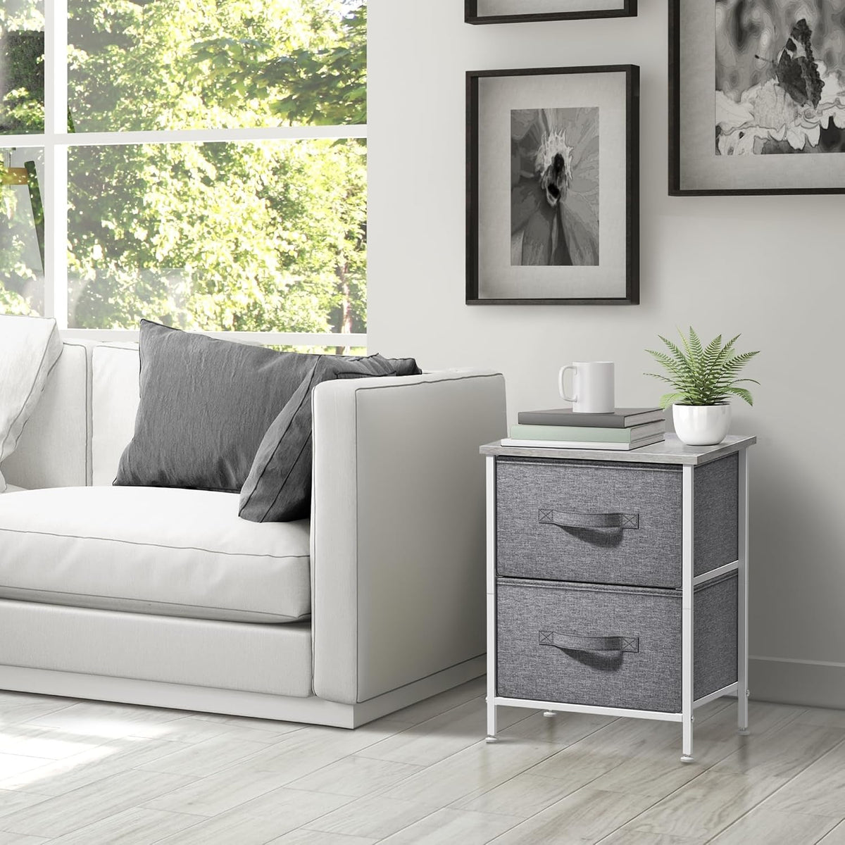 Nightstand, 5-Drawer Tall Chest for Bedroom, Wood Top (Gray Wood)
