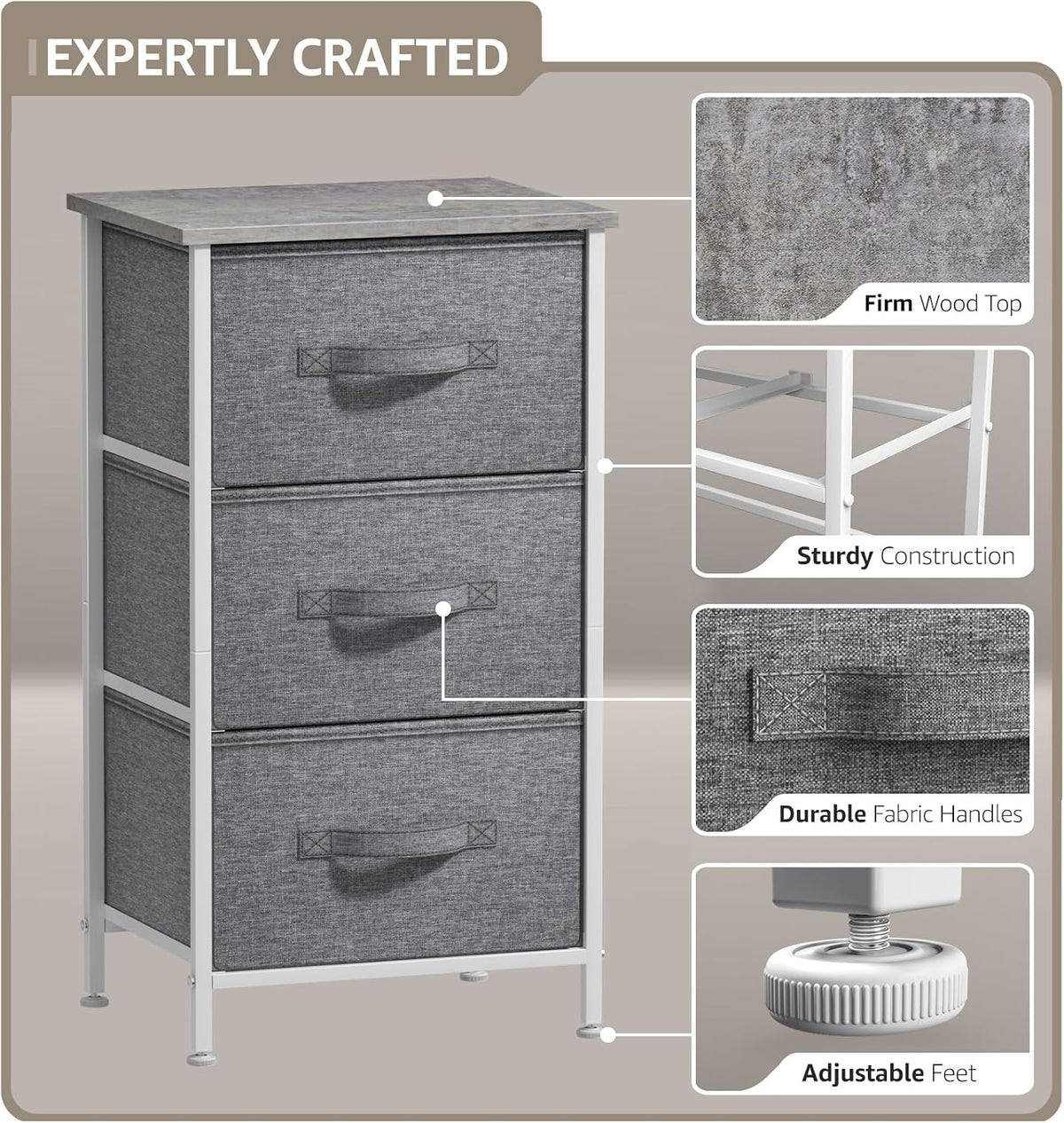 Nightstand, 5-Drawer Tall Chest for Bedroom, Wood Top (Gray Wood)