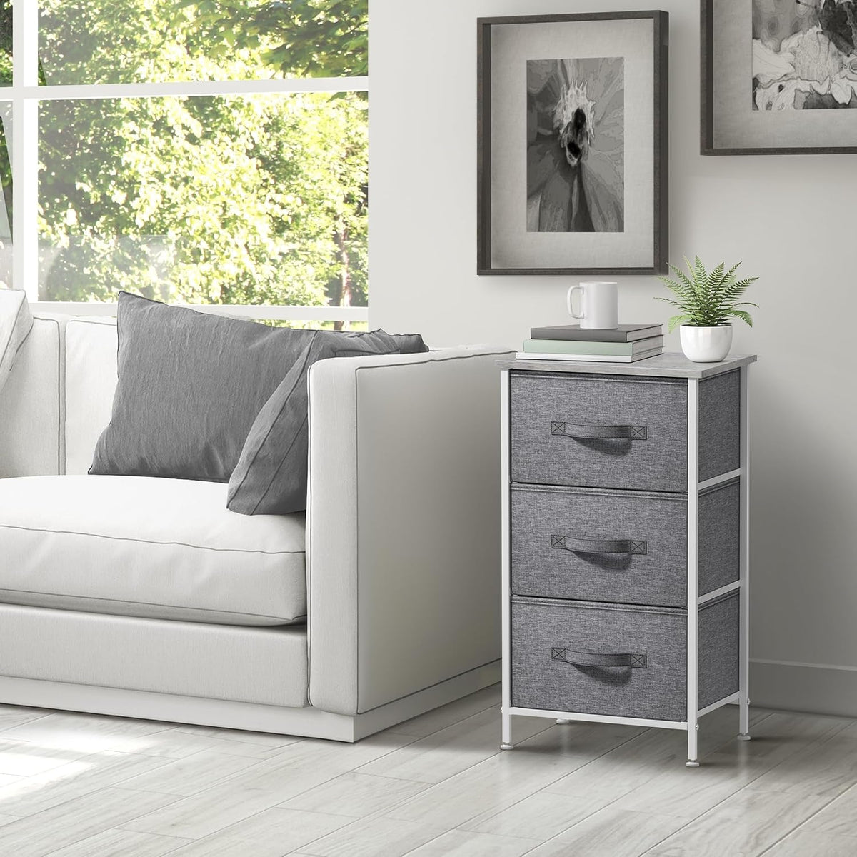 Nightstand, 5-Drawer Tall Chest for Bedroom, Wood Top (Gray Wood)