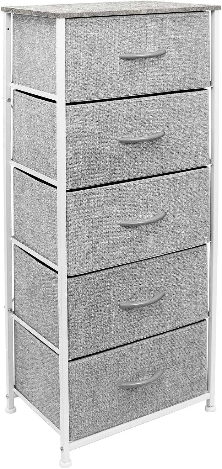 Nightstand, 5-Drawer Tall Chest for Bedroom, Wood Top (Gray Wood)