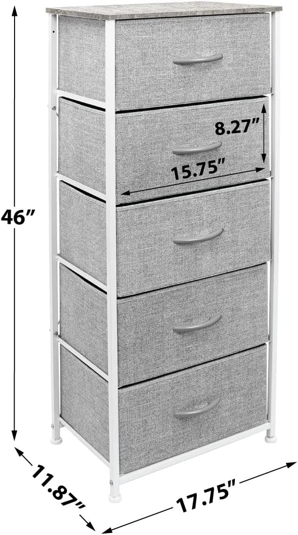 Nightstand, 5-Drawer Tall Chest for Bedroom, Wood Top (Gray Wood)