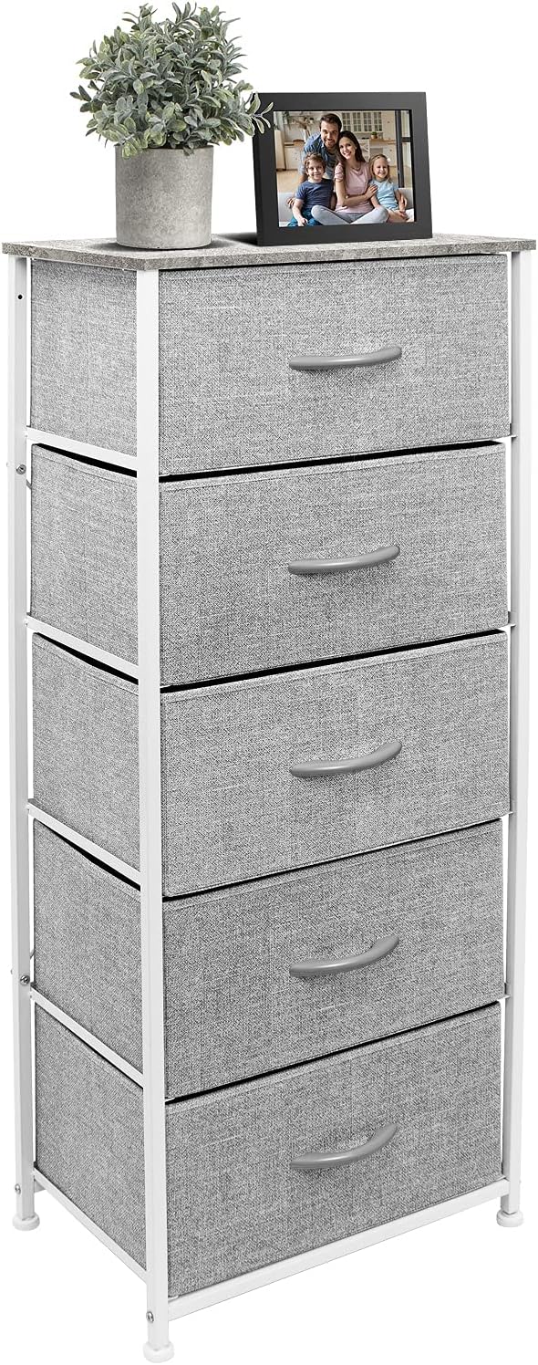 Nightstand, 5-Drawer Tall Chest for Bedroom, Wood Top (Gray Wood)