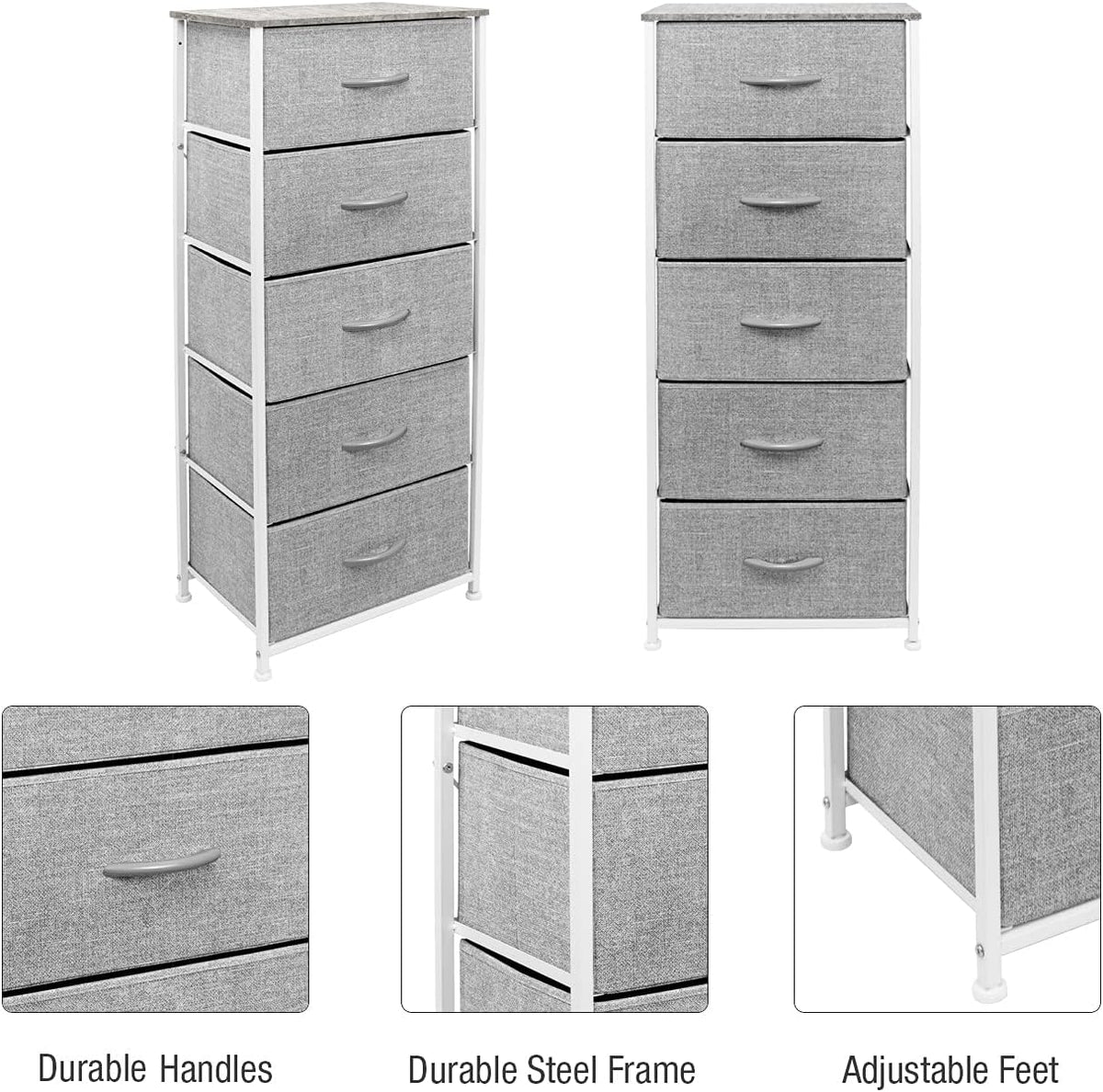 Nightstand, 5-Drawer Tall Chest for Bedroom, Wood Top (Gray Wood)