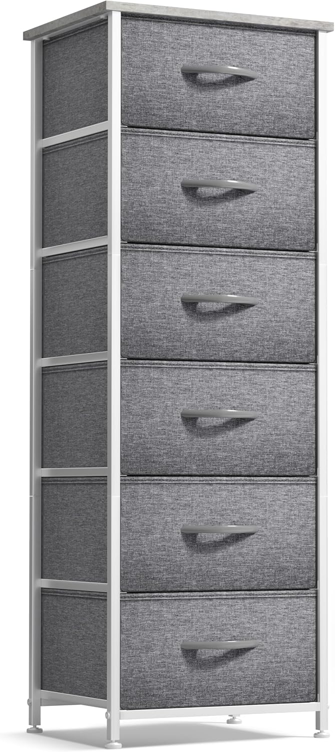 Nightstand, 5-Drawer Tall Chest for Bedroom, Wood Top (Gray Wood)