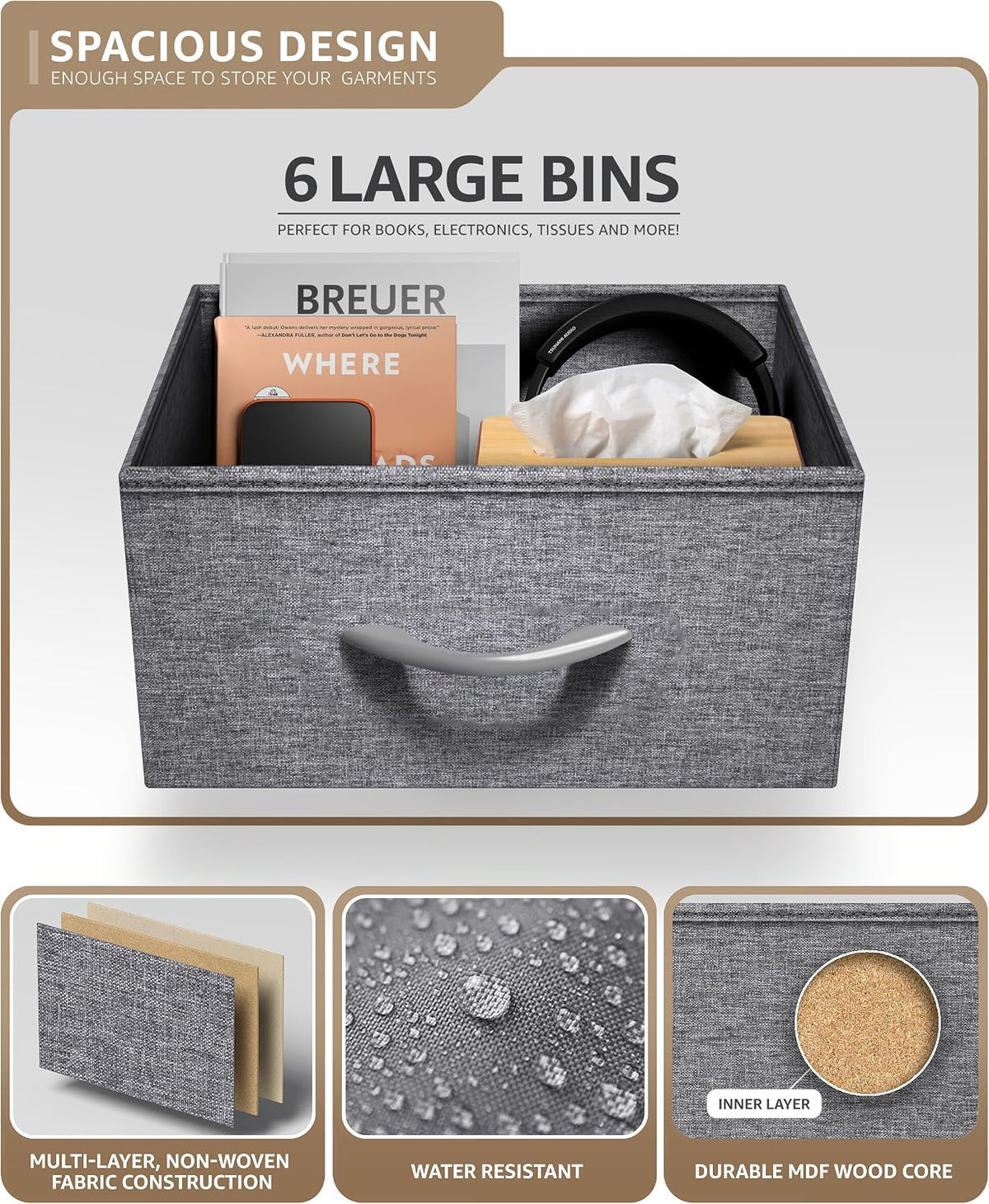 Nightstand, 5-Drawer Tall Chest for Bedroom, Wood Top (Gray Wood)