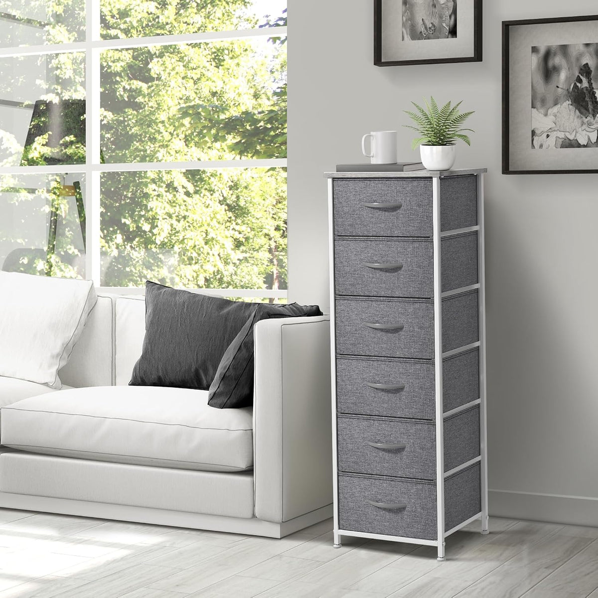 Nightstand, 5-Drawer Tall Chest for Bedroom, Wood Top (Gray Wood)