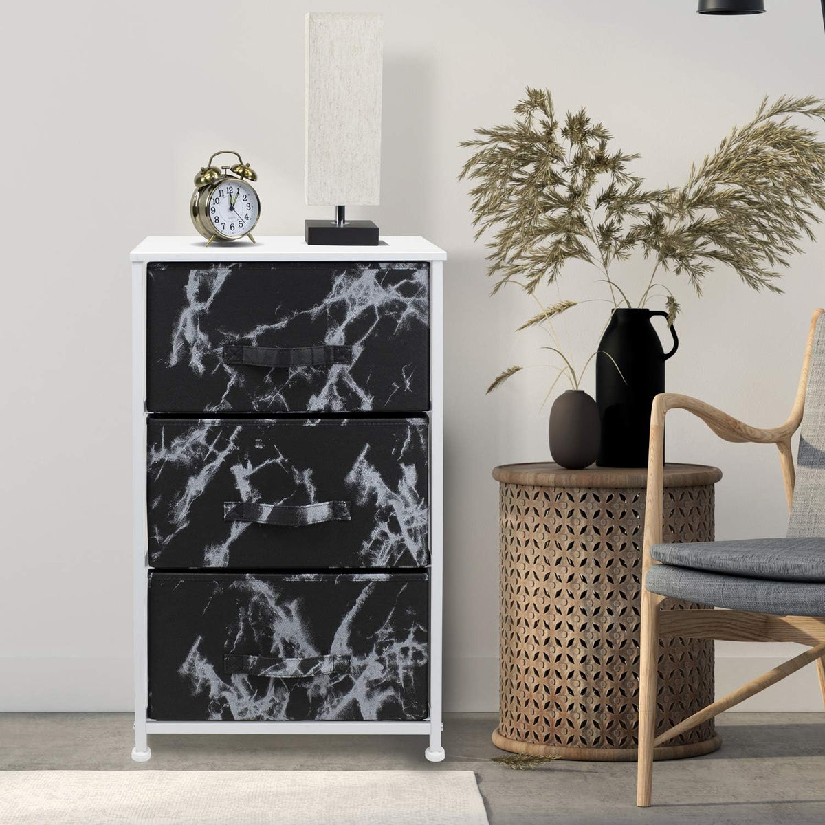 Nightstand, 5-Drawer Tall Chest for Bedroom, Wood Top (Gray Wood)