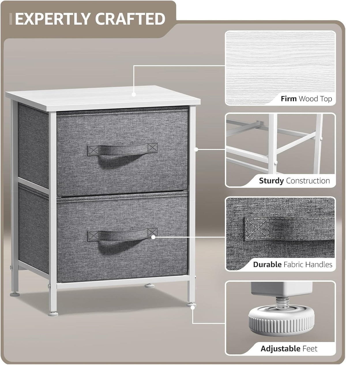 Nightstand, 5-Drawer Tall Chest for Bedroom, Wood Top (Gray Wood)