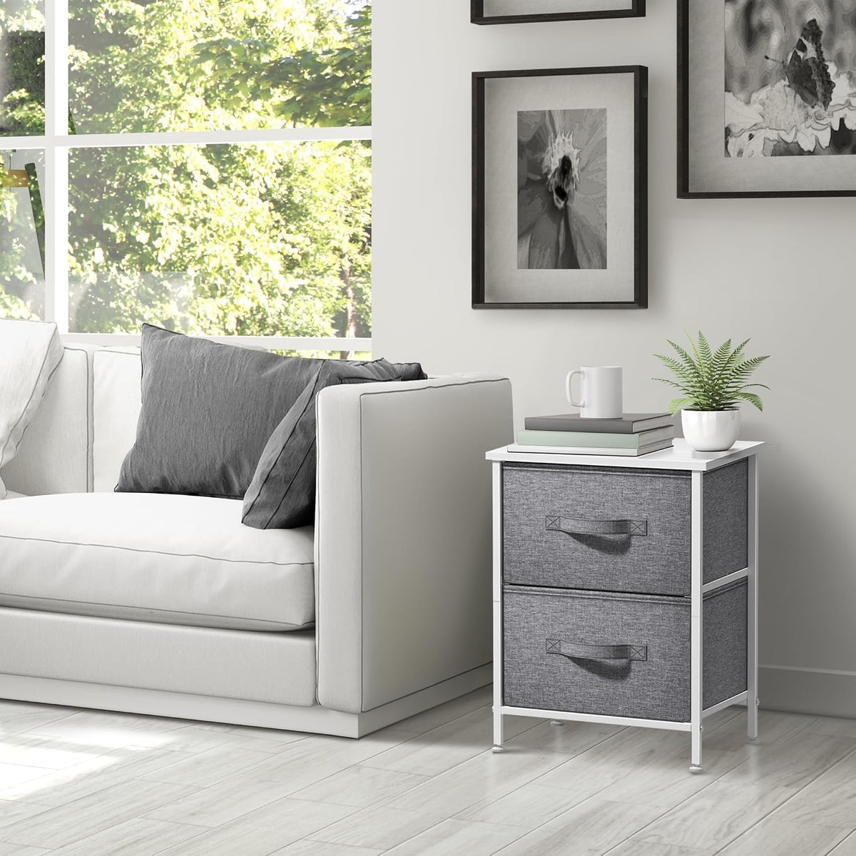 Nightstand, 5-Drawer Tall Chest for Bedroom, Wood Top (Gray Wood)