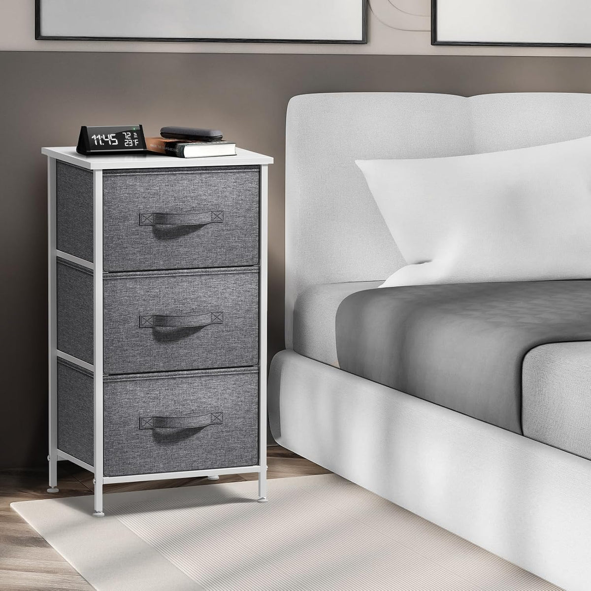 Nightstand, 5-Drawer Tall Chest for Bedroom, Wood Top (Gray Wood)