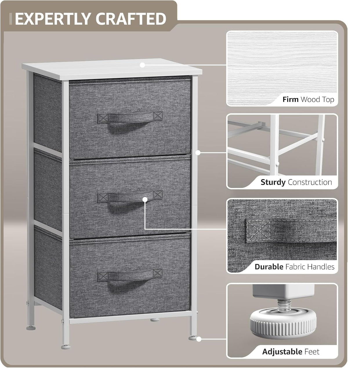 Nightstand, 5-Drawer Tall Chest for Bedroom, Wood Top (Gray Wood)