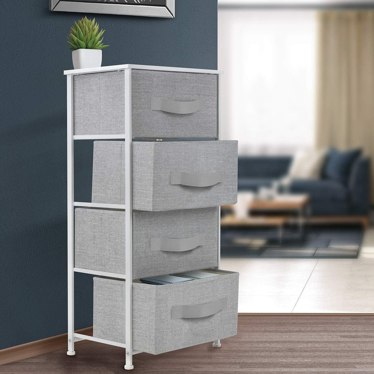 Nightstand, 5-Drawer Tall Chest for Bedroom, Wood Top (Gray Wood)