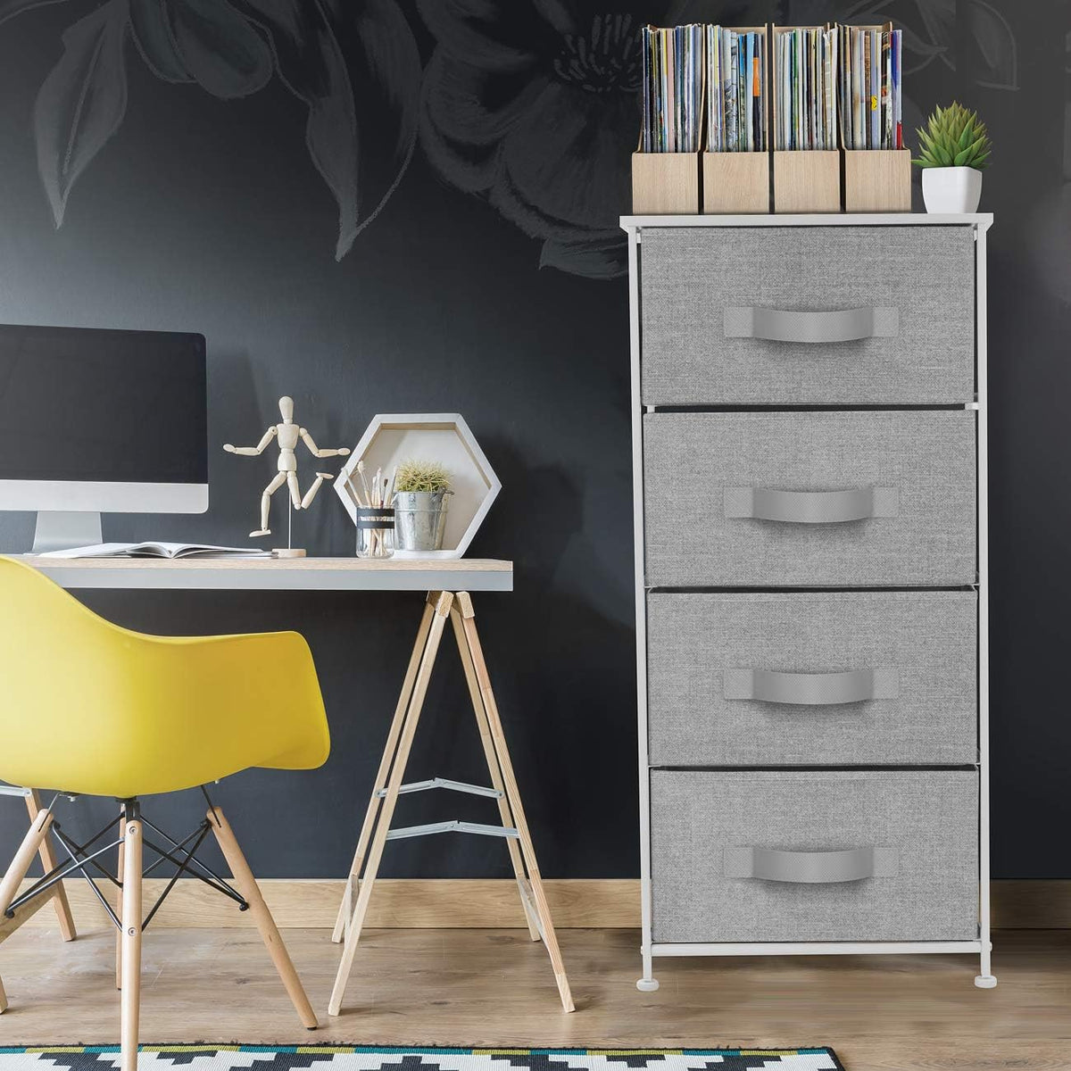 Nightstand, 5-Drawer Tall Chest for Bedroom, Wood Top (Gray Wood)