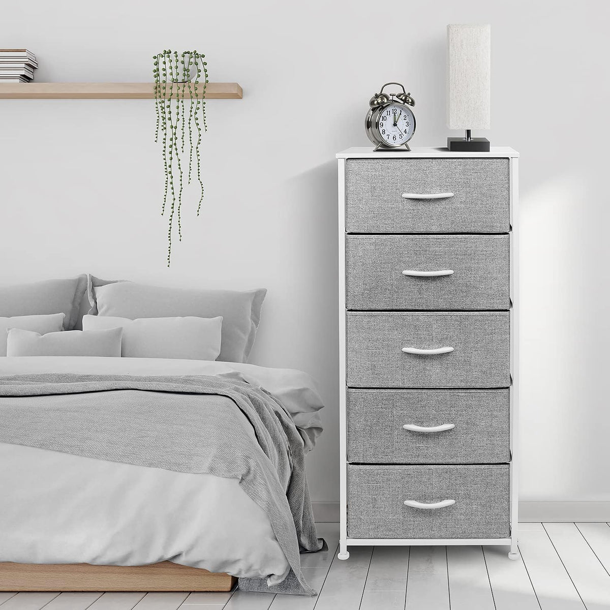 Nightstand, 5-Drawer Tall Chest for Bedroom, Wood Top (Gray Wood)
