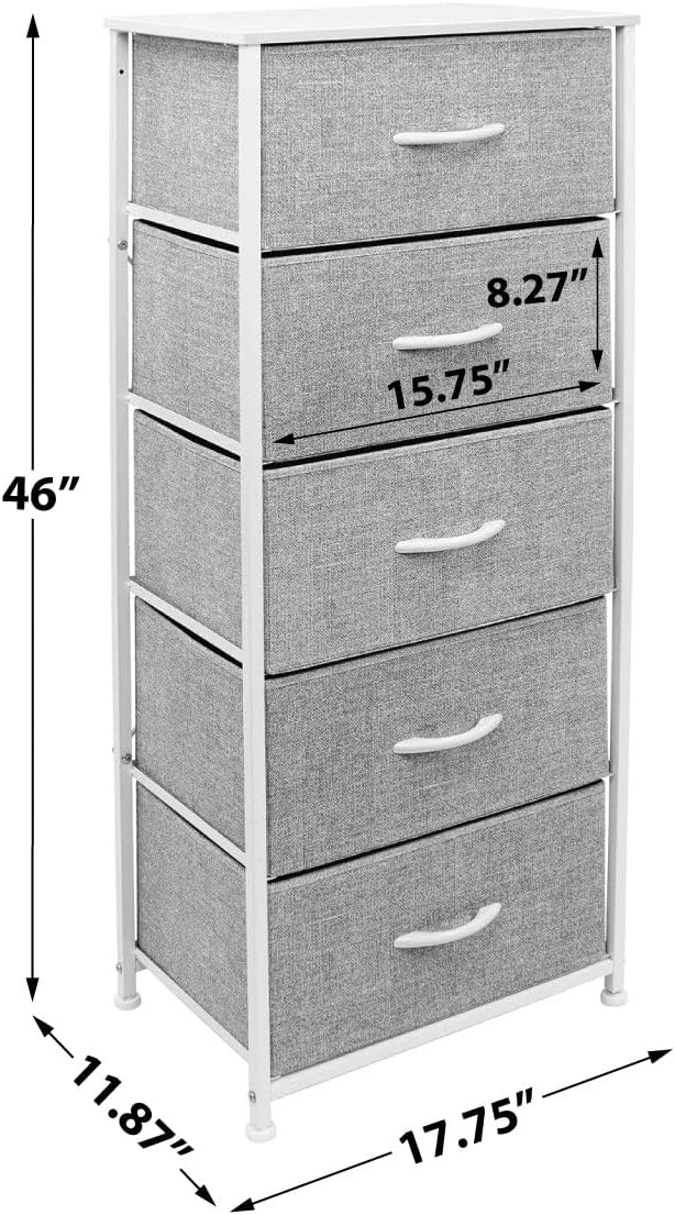 Nightstand, 5-Drawer Tall Chest for Bedroom, Wood Top (Gray Wood)