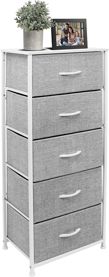Nightstand, 5-Drawer Tall Chest for Bedroom, Wood Top (Gray Wood)
