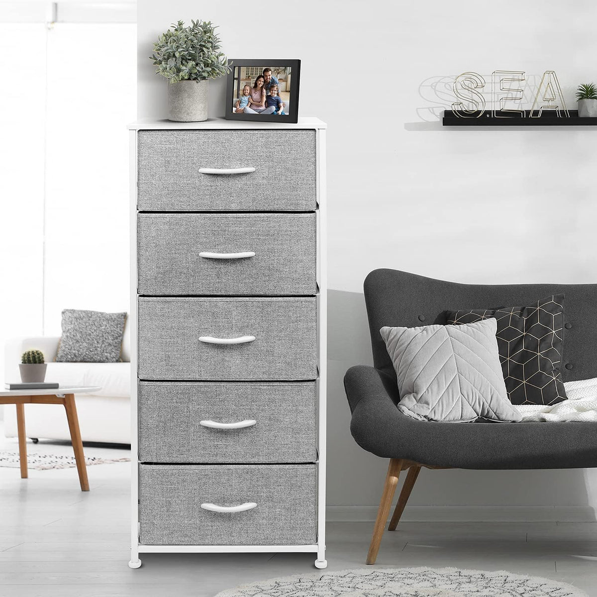 Nightstand, 5-Drawer Tall Chest for Bedroom, Wood Top (Gray Wood)