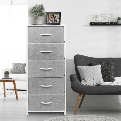 Nightstand, 5-Drawer Tall Chest for Bedroom, Wood Top (Gray Wood)