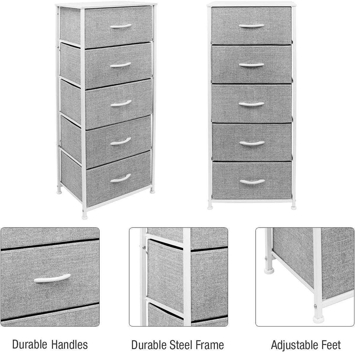 Nightstand, 5-Drawer Tall Chest for Bedroom, Wood Top (Gray Wood)