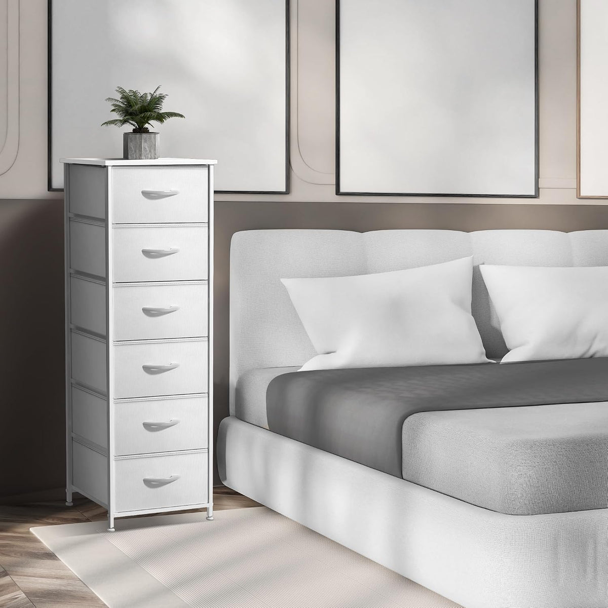 Nightstand, 5-Drawer Tall Chest for Bedroom, Wood Top (Gray Wood)