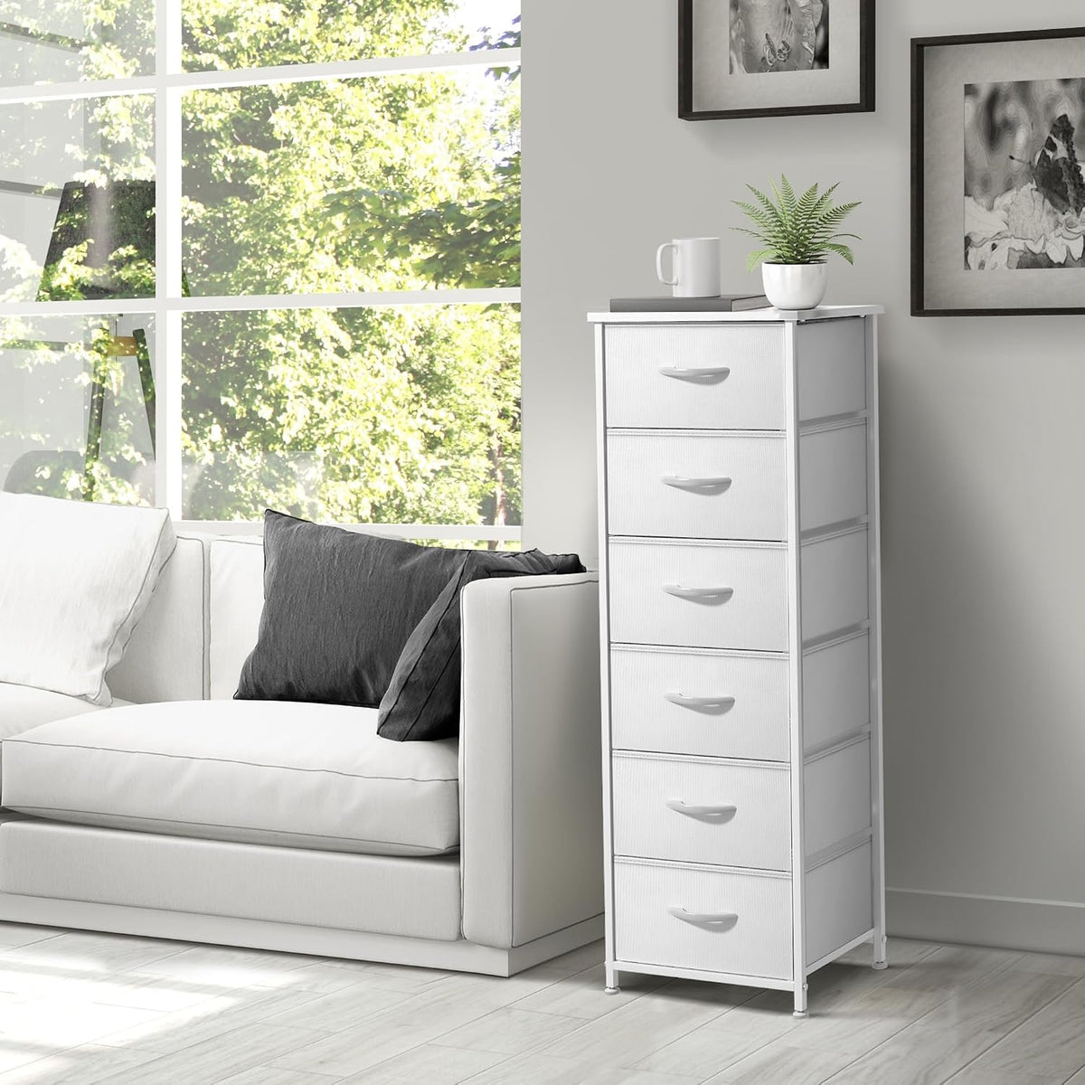 Nightstand, 5-Drawer Tall Chest for Bedroom, Wood Top (Gray Wood)