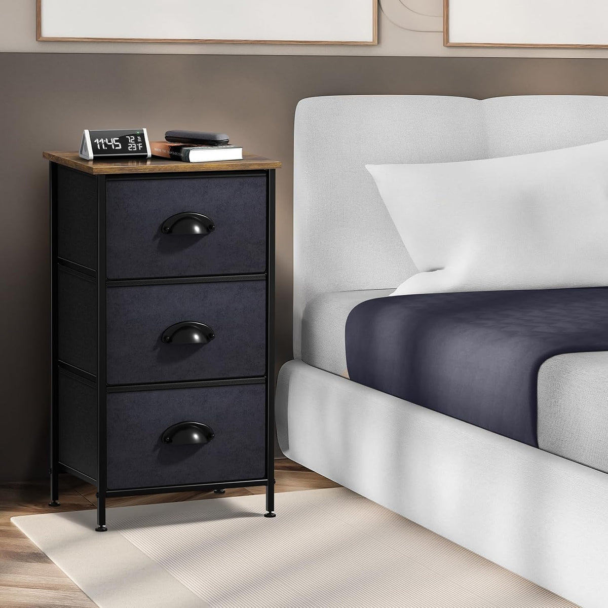 Nightstand, 5-Drawer Tall Chest for Bedroom, Wood Top (Gray Wood)