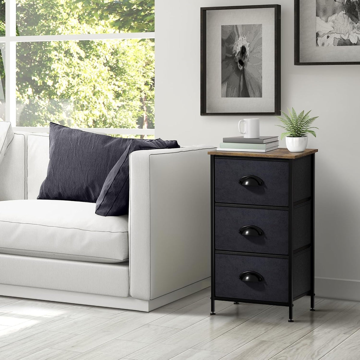Nightstand, 5-Drawer Tall Chest for Bedroom, Wood Top (Gray Wood)