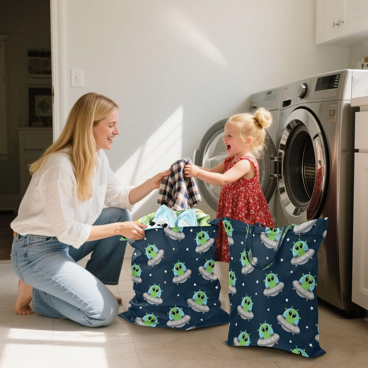 Aliens Spaceships Waterproof Travel Laundry Bag Washable 2 Packs