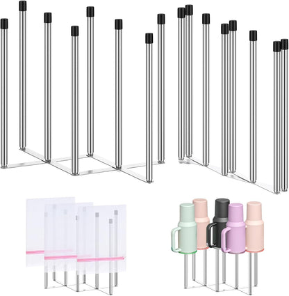2 Pcs Foldable Bottle Drying Rack Stainless Steel Plastic Bag Drying Racks with Silicone Caps 8 Poles Space-Saving Countertop Organizer Dryer Rack for Cup Water Bottles Dish Plate Bag