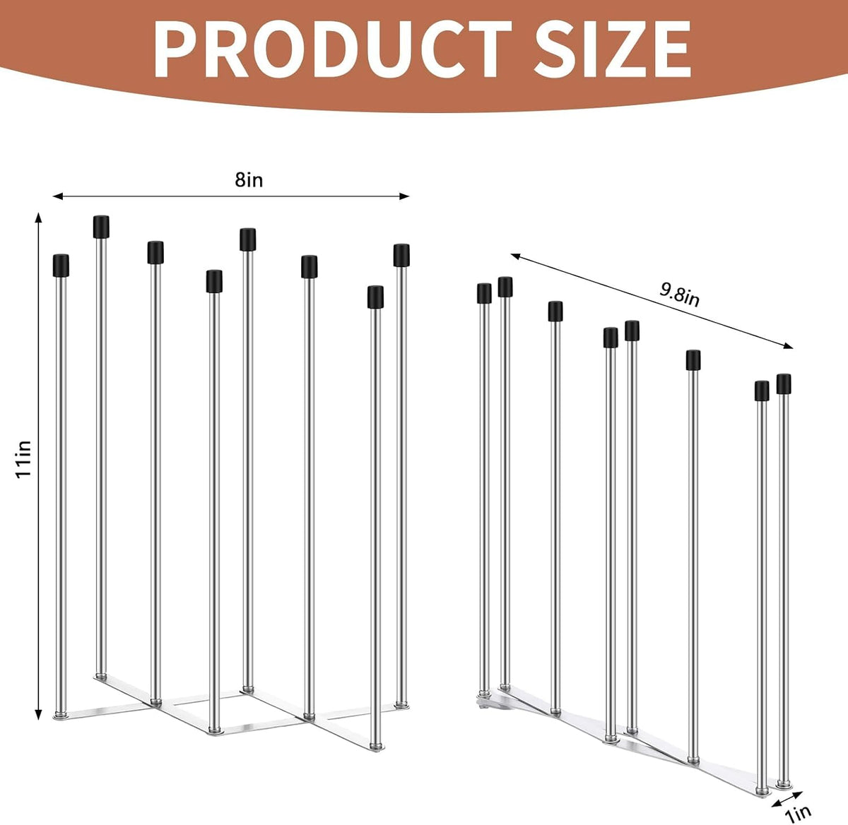 2 Pcs Foldable Bottle Drying Rack Stainless Steel Plastic Bag Drying Racks with Silicone Caps 8 Poles Space-Saving Countertop Organizer Dryer Rack for Cup Water Bottles Dish Plate Bag