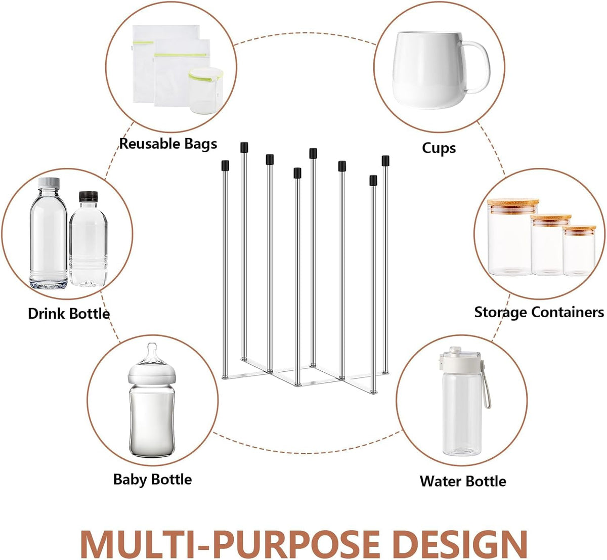 2 Pcs Foldable Bottle Drying Rack Stainless Steel Plastic Bag Drying Racks with Silicone Caps 8 Poles Space-Saving Countertop Organizer Dryer Rack for Cup Water Bottles Dish Plate Bag