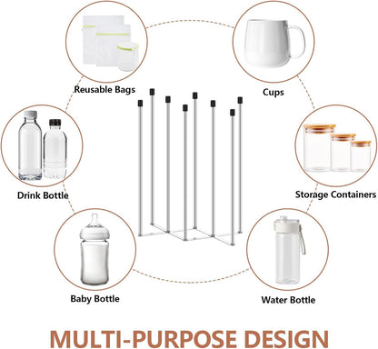 2 Pcs Foldable Bottle Drying Rack Stainless Steel Plastic Bag Drying Racks with Silicone Caps 8 Poles Space-Saving Countertop Organizer Dryer Rack for Cup Water Bottles Dish Plate Bag