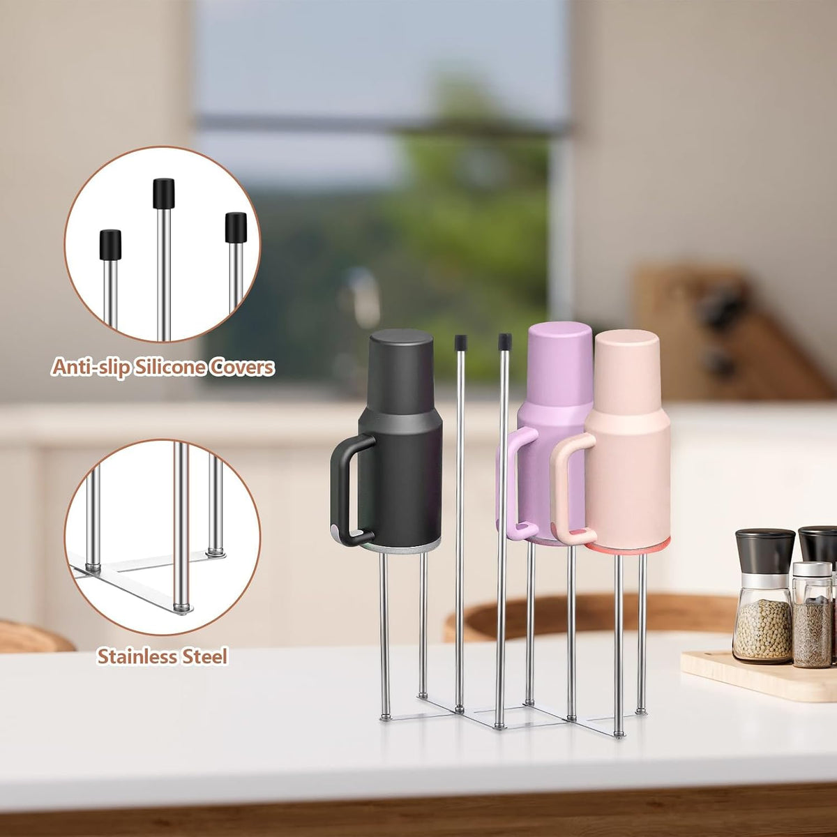 2 Pcs Foldable Bottle Drying Rack Stainless Steel Plastic Bag Drying Racks with Silicone Caps 8 Poles Space-Saving Countertop Organizer Dryer Rack for Cup Water Bottles Dish Plate Bag