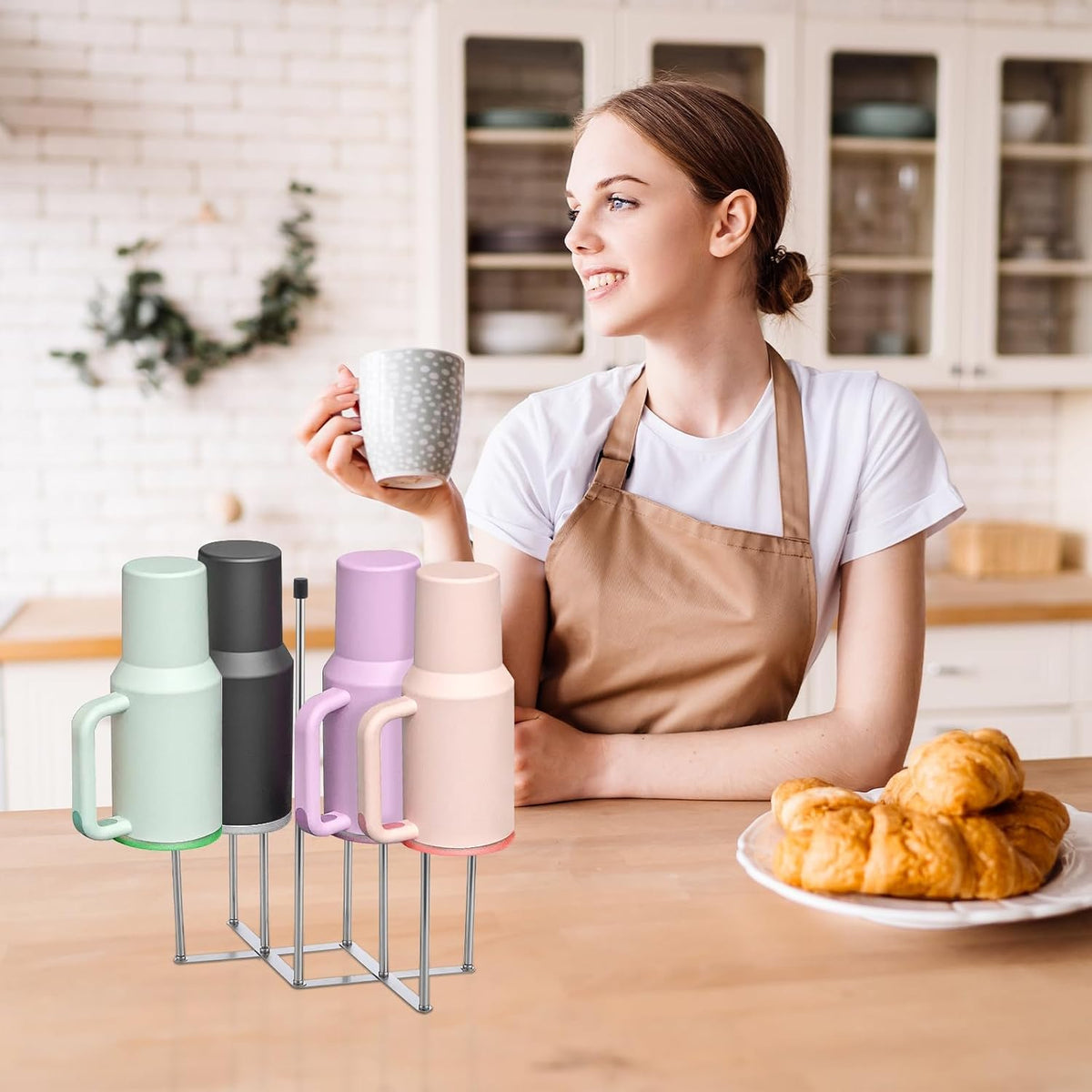 2 Pcs Foldable Bottle Drying Rack Stainless Steel Plastic Bag Drying Racks with Silicone Caps 8 Poles Space-Saving Countertop Organizer Dryer Rack for Cup Water Bottles Dish Plate Bag