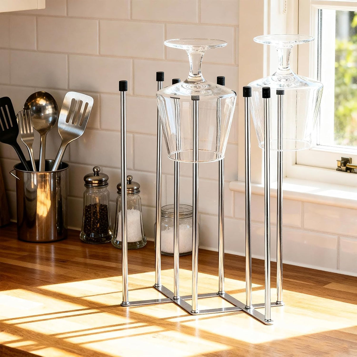 2 Pcs Foldable Bottle Drying Rack Stainless Steel Plastic Bag Drying Racks with Silicone Caps 8 Poles Space-Saving Countertop Organizer Dryer Rack for Cup Water Bottles Dish Plate Bag