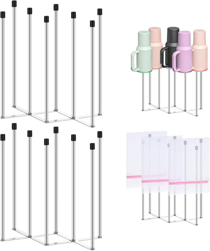 2 Pcs Foldable Bottle Drying Rack Stainless Steel Plastic Bag Drying Racks with Silicone Caps 8 Poles Space-Saving Countertop Organizer Dryer Rack for Cup Water Bottles Dish Plate Bag