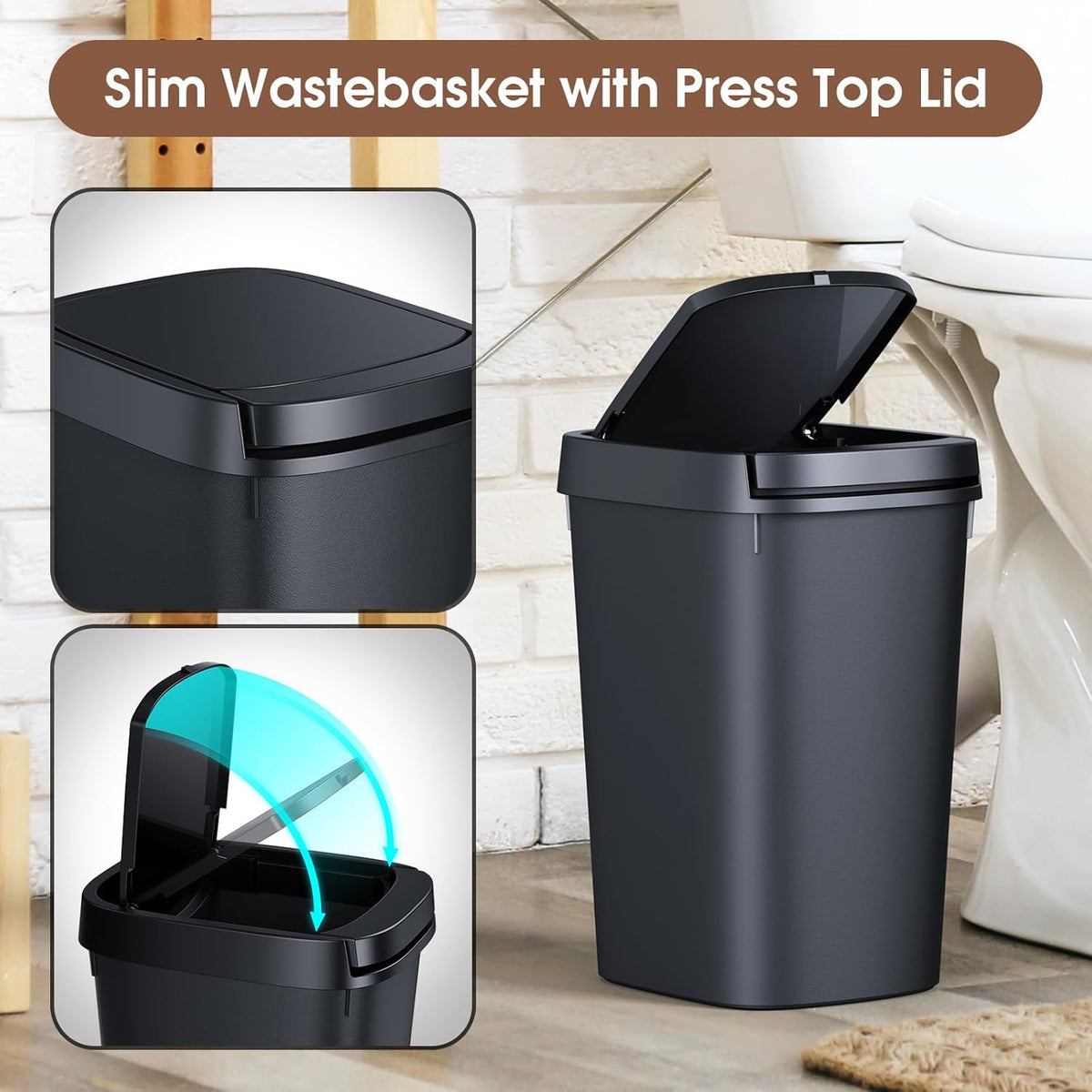 CEROELDA Bathroom Trash Can with Lid, 10L/2.6 Gal Small Garbage Can with Press Top Lid, Slim Plastic Waste Basket for Toilet, Office, Bedroom (Muti 1)