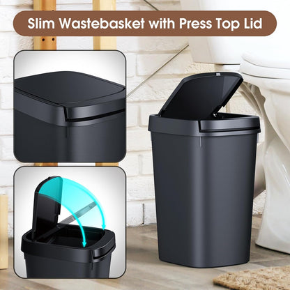 CEROELDA Bathroom Trash Can with Lid, 10L/2.6 Gal Small Garbage Can with Press Top Lid, Slim Plastic Waste Basket for Toilet, Office, Bedroom (Muti 1)
